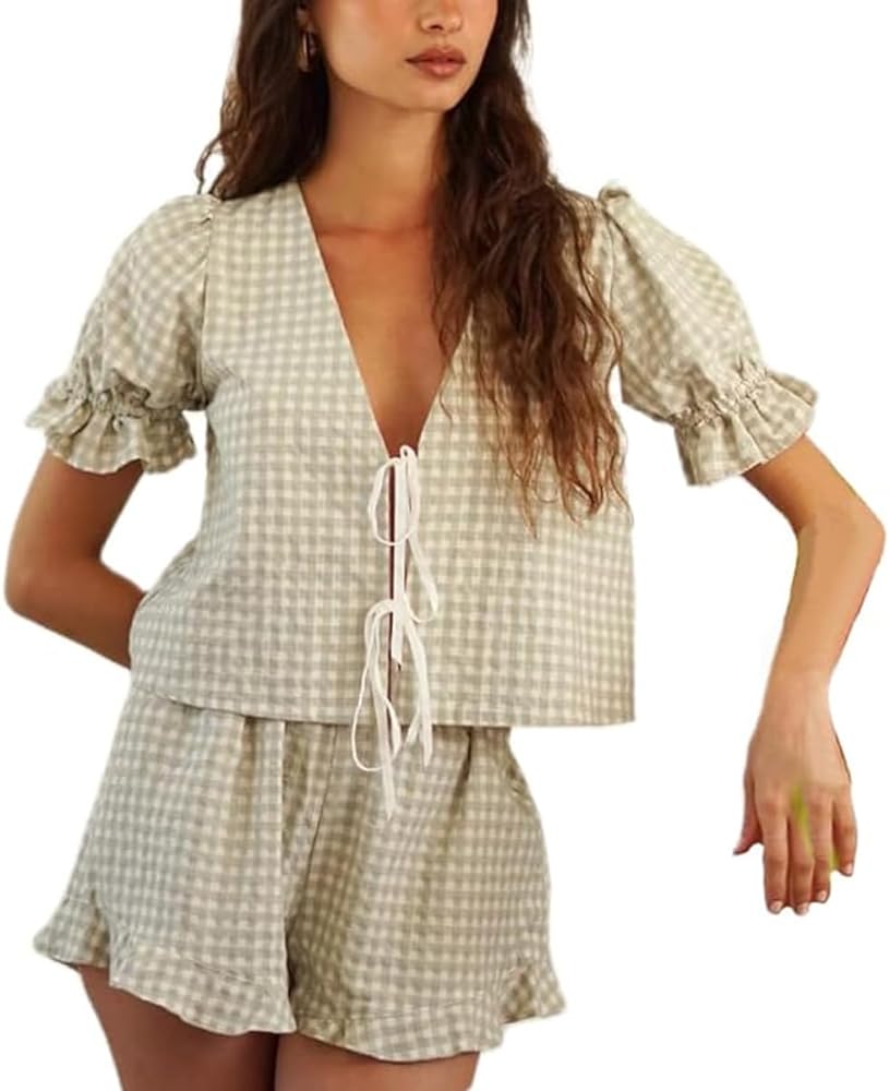 KOSUSANILL Y2k Pajamas Set Women 2 Piece Tie Front Plaid Gingham Short Sleeve Blouse Top Preppy Sleep Lounge Pj Shorts Outfit