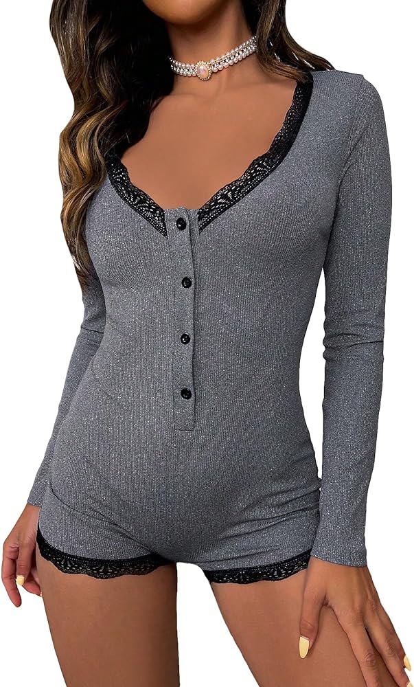 COZYEASE Women's Button Down Ribbed Knit Sleep Romper Lace V Neck Long Sleeve Loungewear Slim Fit Sleepwear