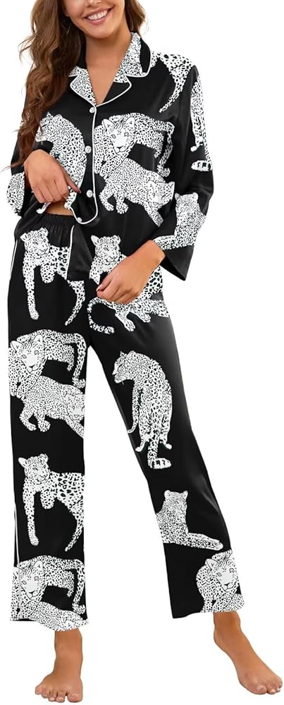 Brosloth Womens Silk Pajamas Long Sleeve Button Down Animal Print Cute Pjs Set Two Piece Satin Pajama Set Sleepwear