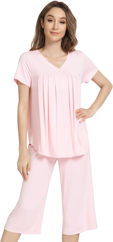 NACHILA Women's Pajamas Set-Viscose Made from Bamboo, Short Sleeve Pj Button Loungewear Henley Sleepwear Capri Pants Pajama