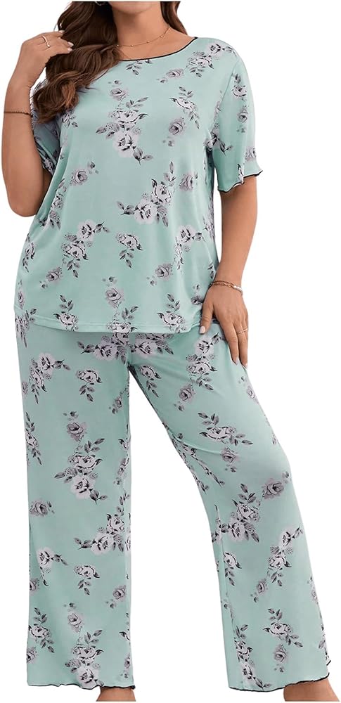 SOLY HUX Women's Plus Size Floral Print Pajama Set Short Sleeve Tee and Pants Sleepwear