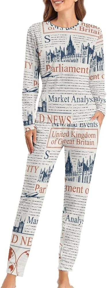 UK London Newspaper Womens Pajama Sets Long Sleeve Top And Pants Soft Comfortable Sleepwear Loungewear Set