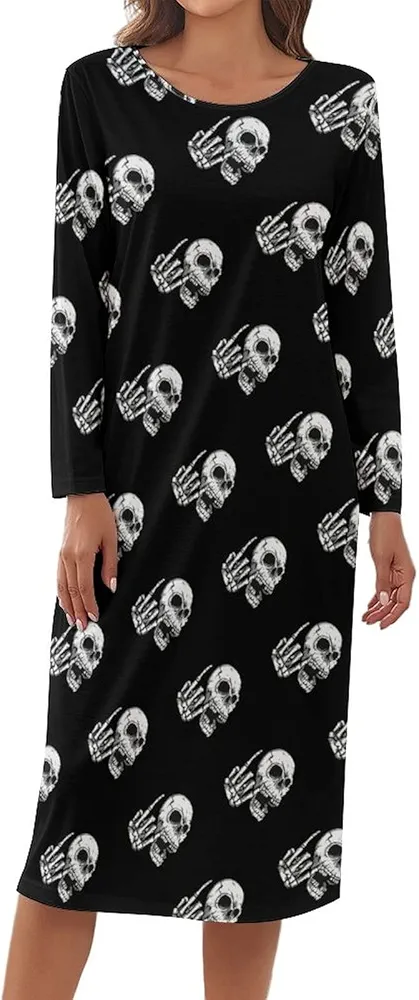 Rock 'N Roll Skull Women's Long Sleeve Sleepwear Soft Long Nightgown House Dress L