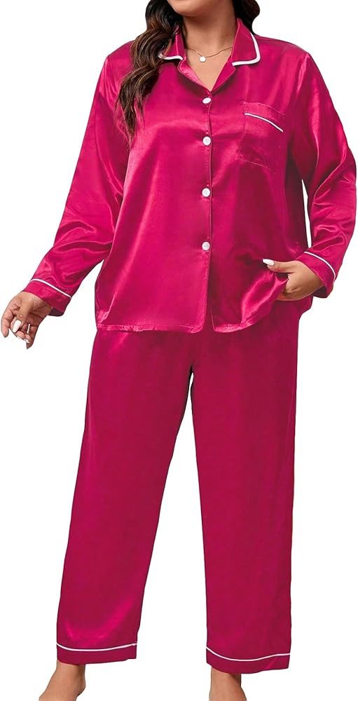 COZYEASE Women's Plus Size 2 Piece Pajamas Set Satin Button Down Long Sleeve Shirt Tops and Pants Sleepwear Set