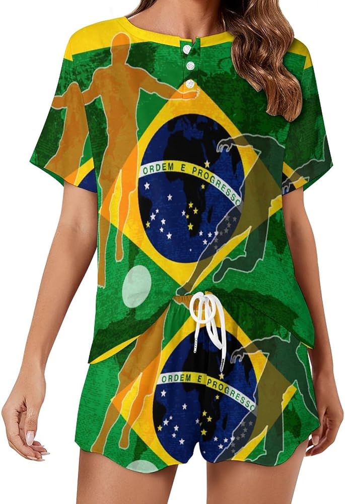 Football Brazilian Flag Classic Women's Pajamas Loungewear Set Loose Short Sleeve Sleepwear With Pockets