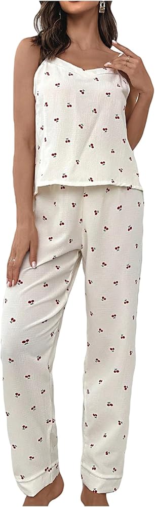 Women's Pajama Sets 2 Piece Printed Sleeveless V Neck Loungewear Sleepwear Cute Nightwear Sets