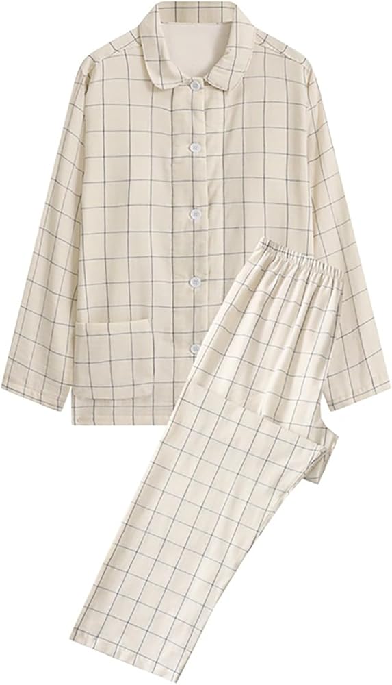 Women's Cotton Pajama Set Plaid Pj Long Sleeve Button Down Sleepwear Soft Contrast 2 Piece Lounge Sets Loungewear