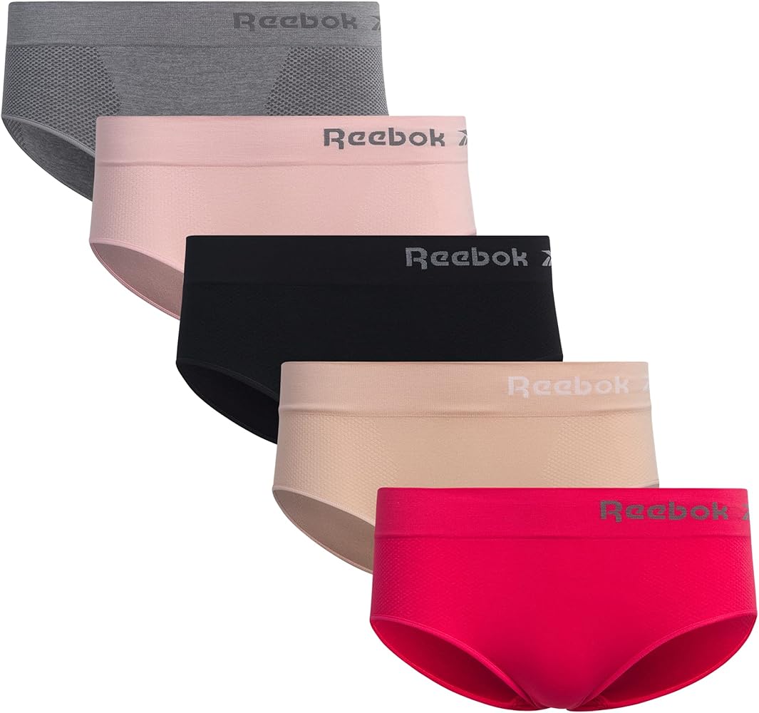 Reebok Women's Hipster Panties - 5 Pack Breathable Stretch Performance Hipster Briefs - Seamless Underwear for Women (S-XL), Size Small, Sharkskin/Dusty Pink/Black/Nude/Rasberry Pink