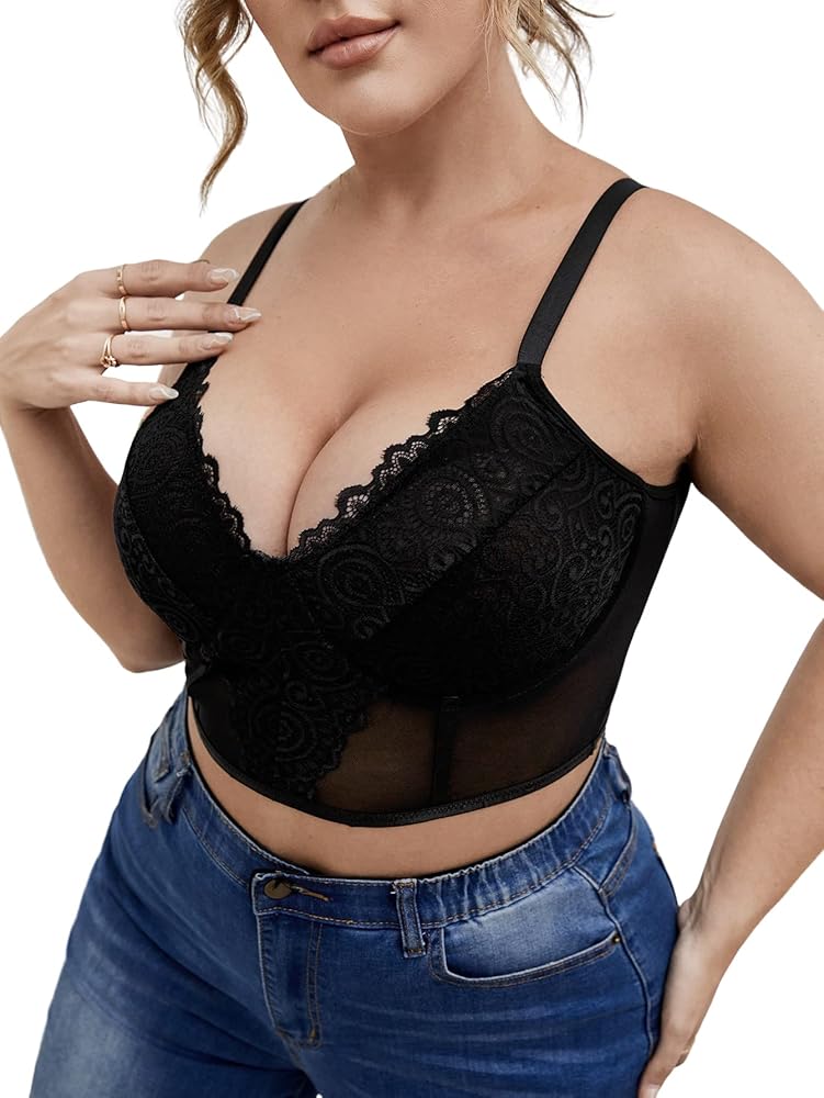 WDIRARA Women's Plus Size Mesh Lace Underwire Bra Crop Cami Top Bralette