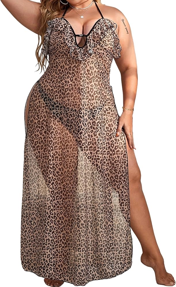 Hilinker Womens Plus Size Leopard Mesh Split Long Slip Dress Lace Trim Chemise Cheetah Print Lingerie