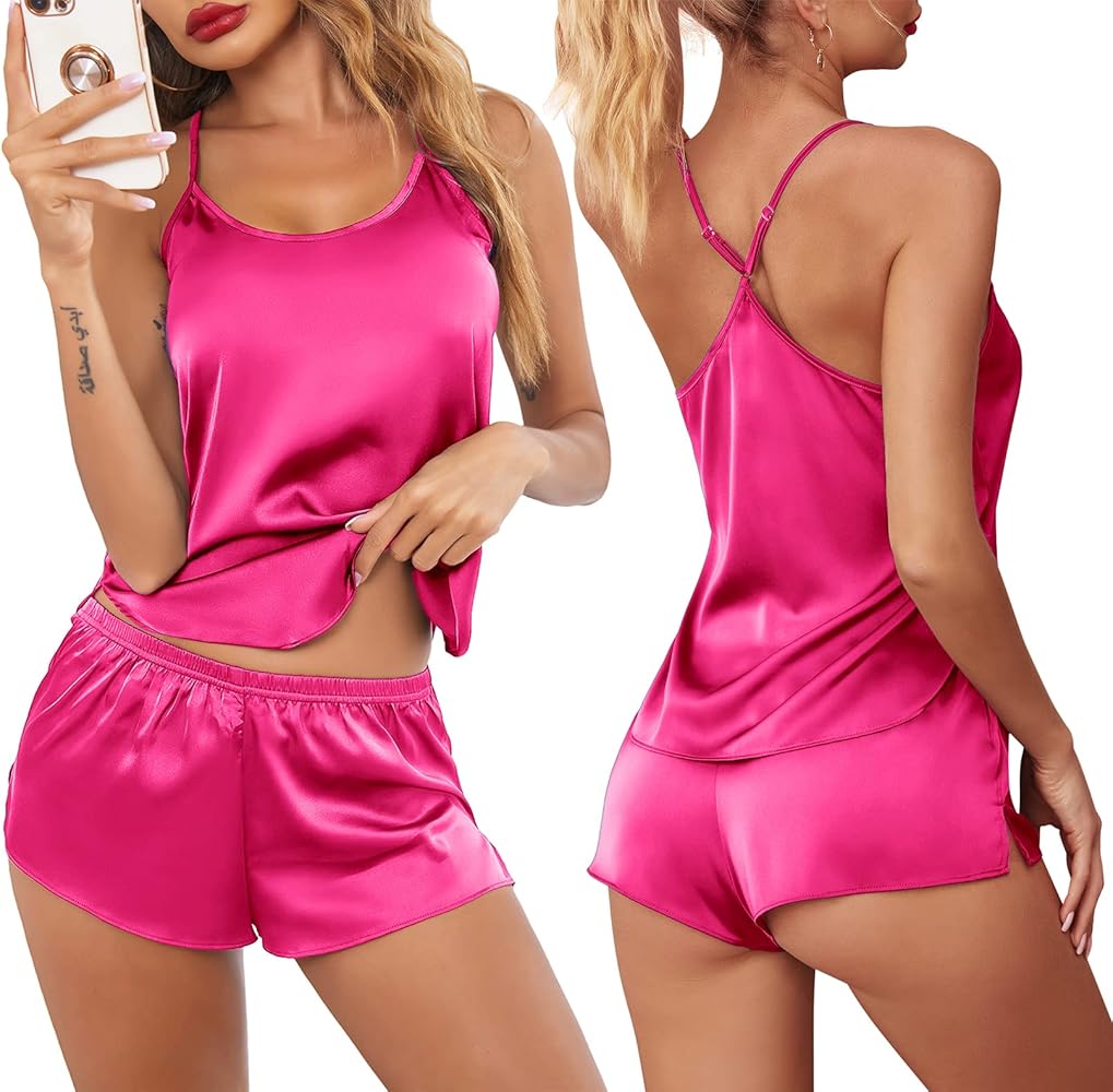 Ekouaer Pajamas Womens Sexy Lingerie Satin Sleepwear Silk Cami Shorts Set Soft Sleep Pjs 2 Piece Nightwear Gift