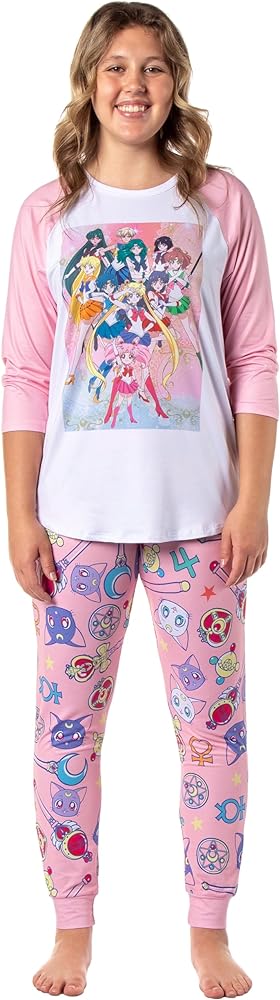 Bioworld Sailor Moon Pajamas Women's Character Poster Raglan Shirt And Jogger Pants Pajama Set