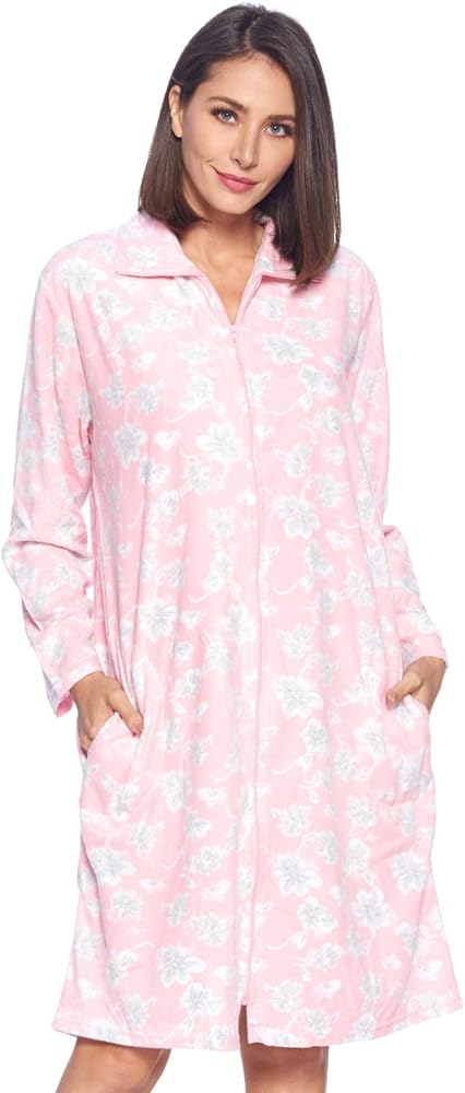 Casual Nights Women's Printed Micro Fleece Zip Up Long Sleeve Sleepwear Duster Robe