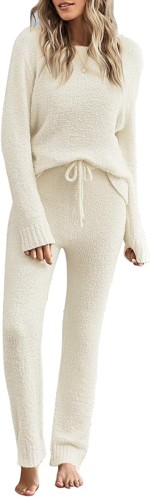 luvamia Women's Casual Pajama Set Fuzzy Fleece Knitted Long Sleeve Pj Loungewear