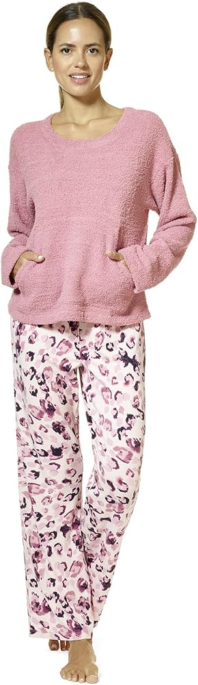 HUE Women's Fluffy Chenille Long Sleeve Top and Pant 2 Piece Pajama Set