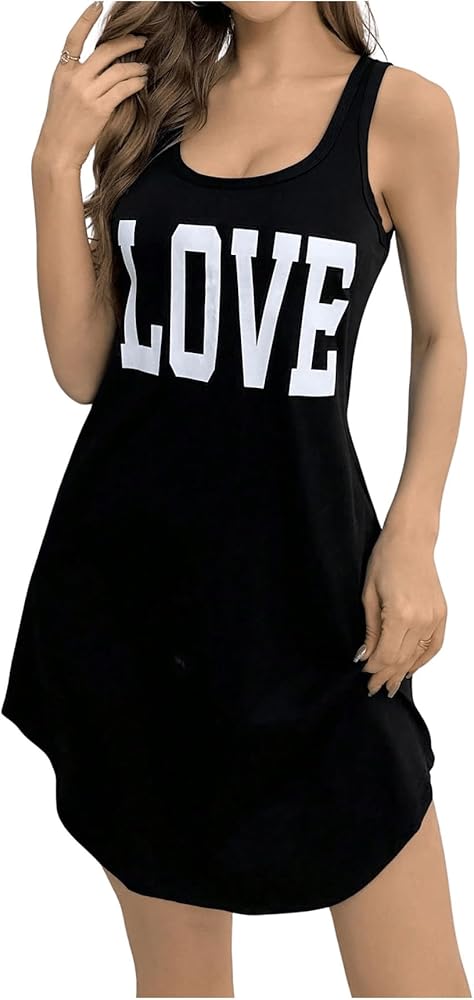 SOLY HUX Women's Letter Graphic Sleepwear Tank Nightgown Chemise Scoop Neck Sleeveless Sleep Dress