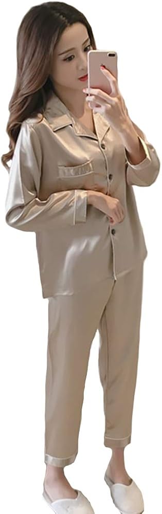 Women's Satin Pajamas, Pajamas Sets 2 Piece, Long Sleeve Short Sleeve Button Down Pj Set Sleepwear Loungewear