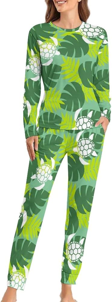 Tropical And Hawaiian Aloha Sea Turtle Womens Pajama Sets Long Sleeve Top And Pants Soft Comfortable Sleepwear Loungewear Set