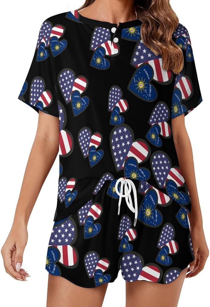 Interlocking Hearts USA Conch Republic Key West Flag Women's 2 Piece Pajamas Short Sleeve Shorts Sleepwear Set Causal Loungewear Home Suit 2XL