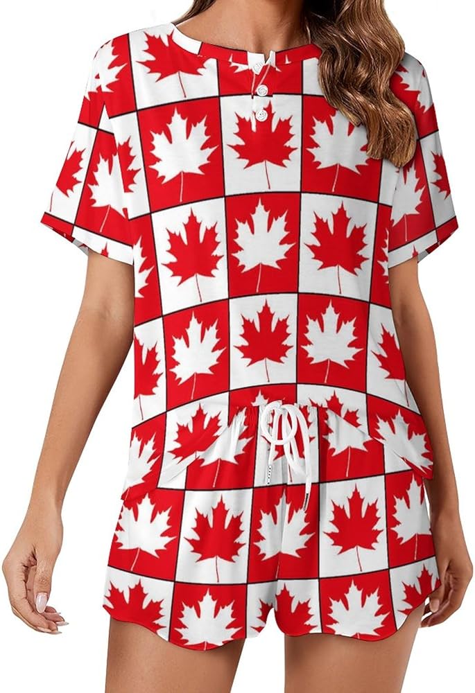 Canada Day Maple Leaf Classic Women's Pajamas Loungewear Set Loose Short Sleeve Sleepwear With Pockets