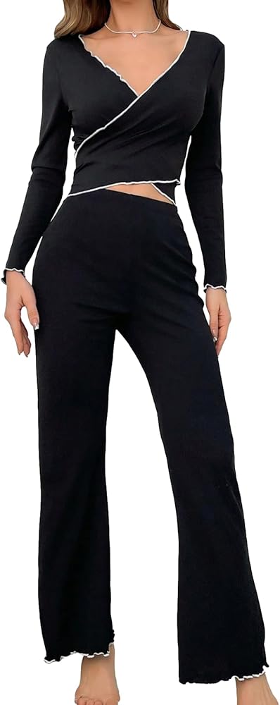 Verdusa Women's 2 Piece Loungewear Pajama Sets Flare Leg Pants with Wrap Crop Top