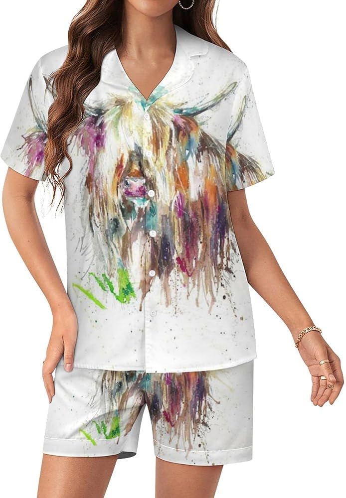 Highland Cow Watercolour Womens Silk Satin Pajamas Set Short Sleeve Button-Down Sleepwear Loungewear Pj Set