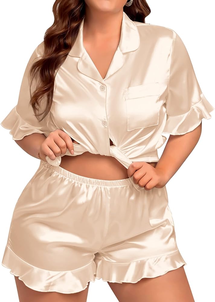 SWOMOG Womens Satin Plus Size Pajamas Silk Short Sleeve Pjs Sets Ruffle Shorts 2 Piece Loose Outfit Sleepwear with Pocket