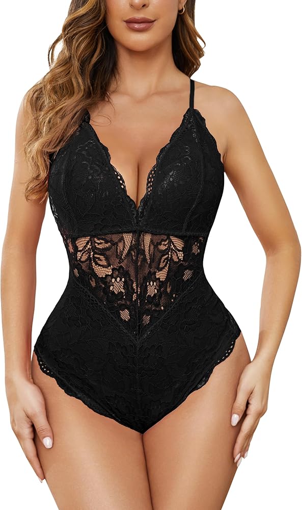 Aranmei Women's Sexy Lace Bodysuit Deep V Snap Crotch Teddy One Piece Lace Babydoll Lingerie