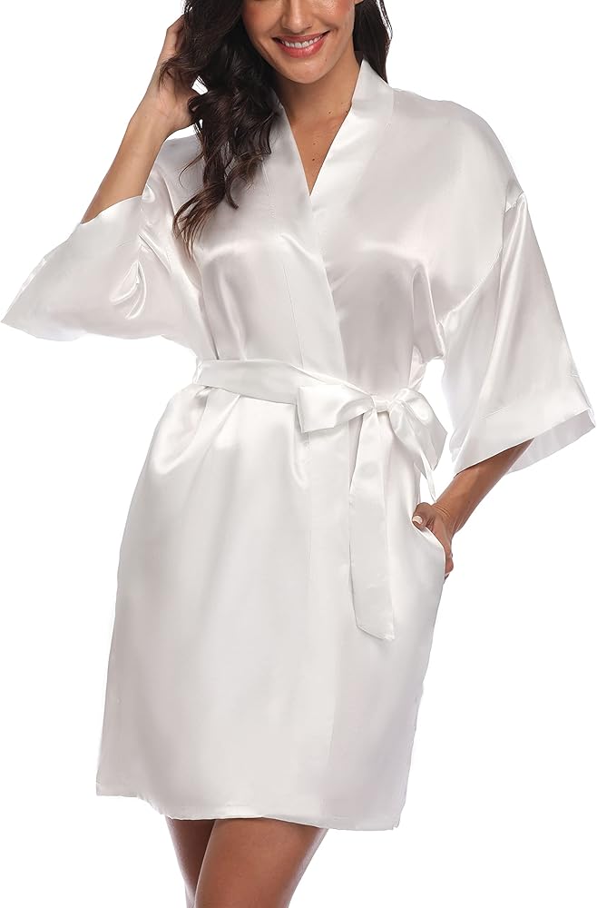 Vamelia Women's Satin Robes Silky Bathrobes Short Kimono Robe Bridesmaid Bride Birthday Pyjamas Party Lightweight