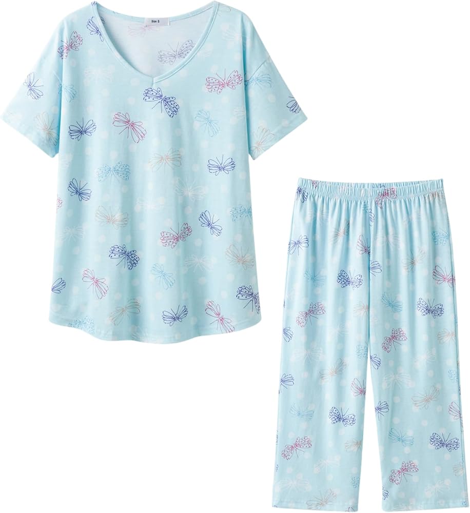 Women's Cotton Sleepwear Tops with Capri Pants Casual and Fun Prints Pajama Set