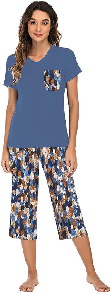 iChunhua Comfy Lounge Sets for Women Short Sleeve V-Neck Tops and Floral Print Wide Leg Pants Loose Capri Pajama Set