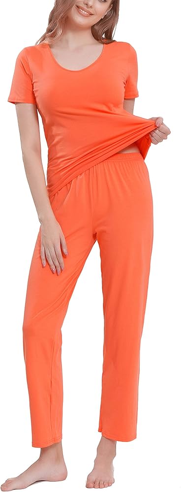 Cotton Pajamas for Women Two Piece Pajama Set Short Sleeve V-neck Tops with Long Pants