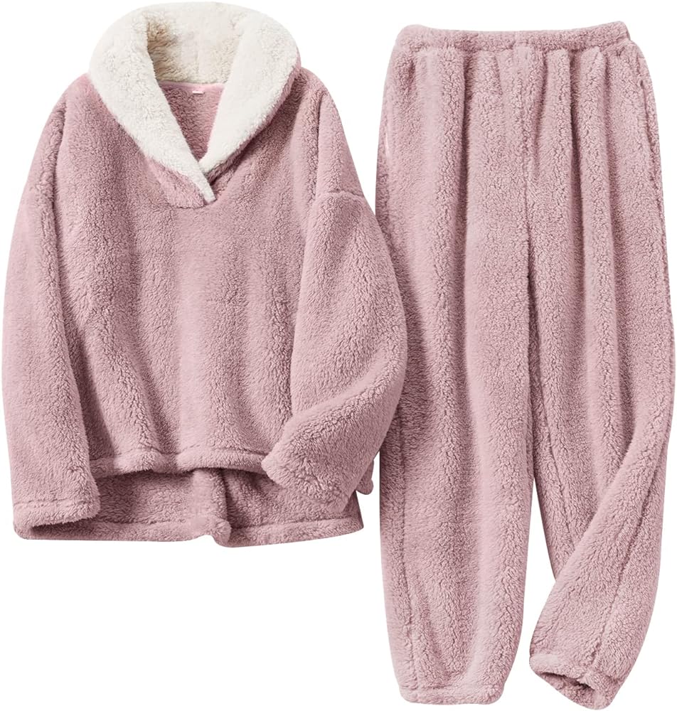 Gihuo Women' s Fluffy Pajamas Set Fleece Pullover Pants Loose Plush Sleepwear 2 Piece Pjs Set Warm Loungewear Fuzzy