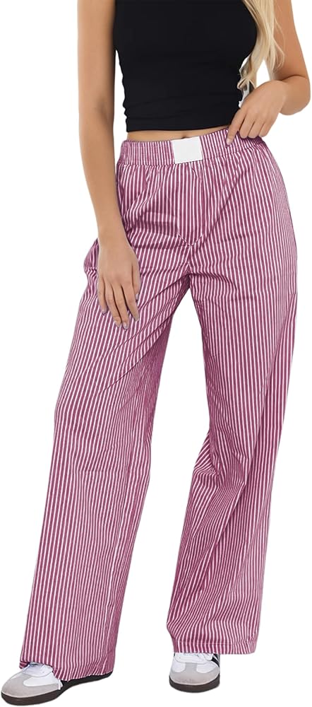 Womens Y2K Striped Lounge Pants Low Rise Elastic Waist Pajamas Pants Casual Loose Wide Leg Trousers With Pockets