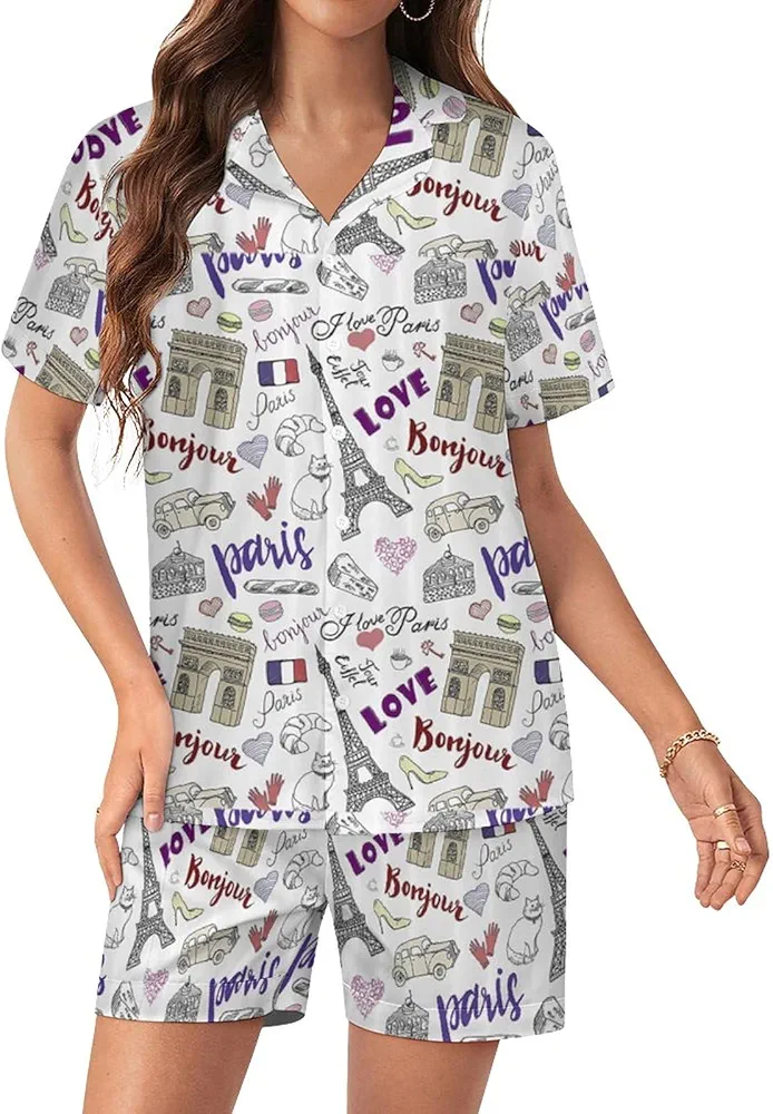 I Love Paris Womens Silk Satin Pajama Set Button Down Pjs Sleepwear Two Piece Short Sleeve Top with Shorts S