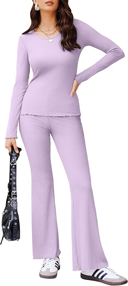 Ekouaer Women's Pajamas set Ribbed Knit Long Sleeve Top and Flare Pants Loungewear Sleepwear Pjs 2 Piece lounge sets, S-XXL