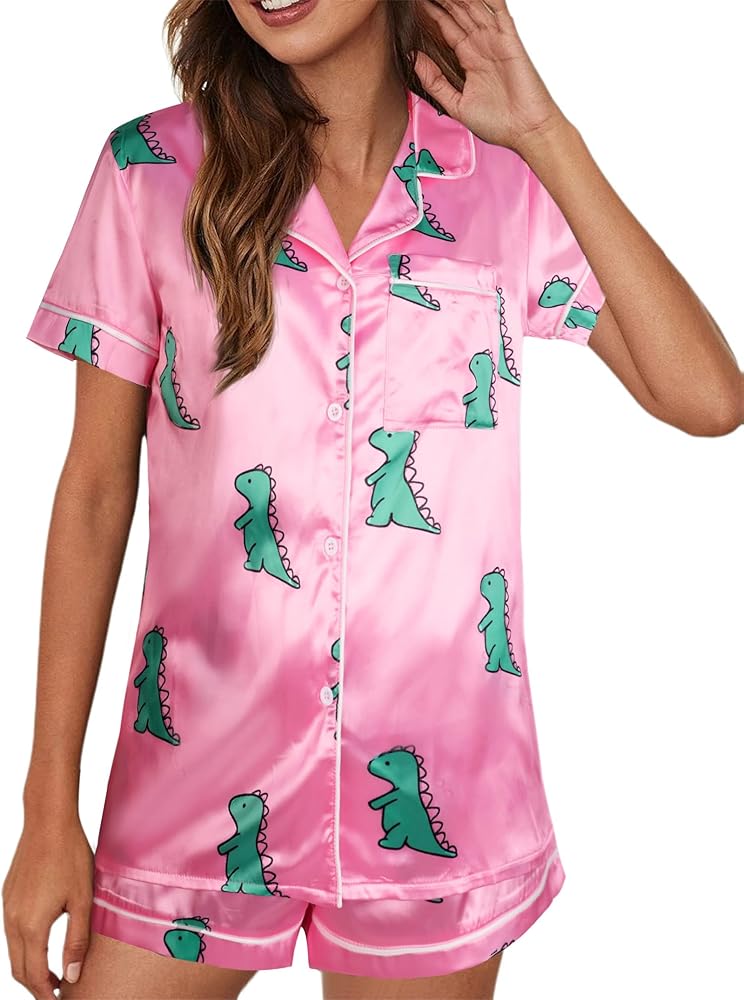 Avanova Women's Dinosaur Graphic Stain Silk Sleepwear Short Sleeve Summer Button Down 2 Piece Pajama Set Pink Dinosaur X-Large