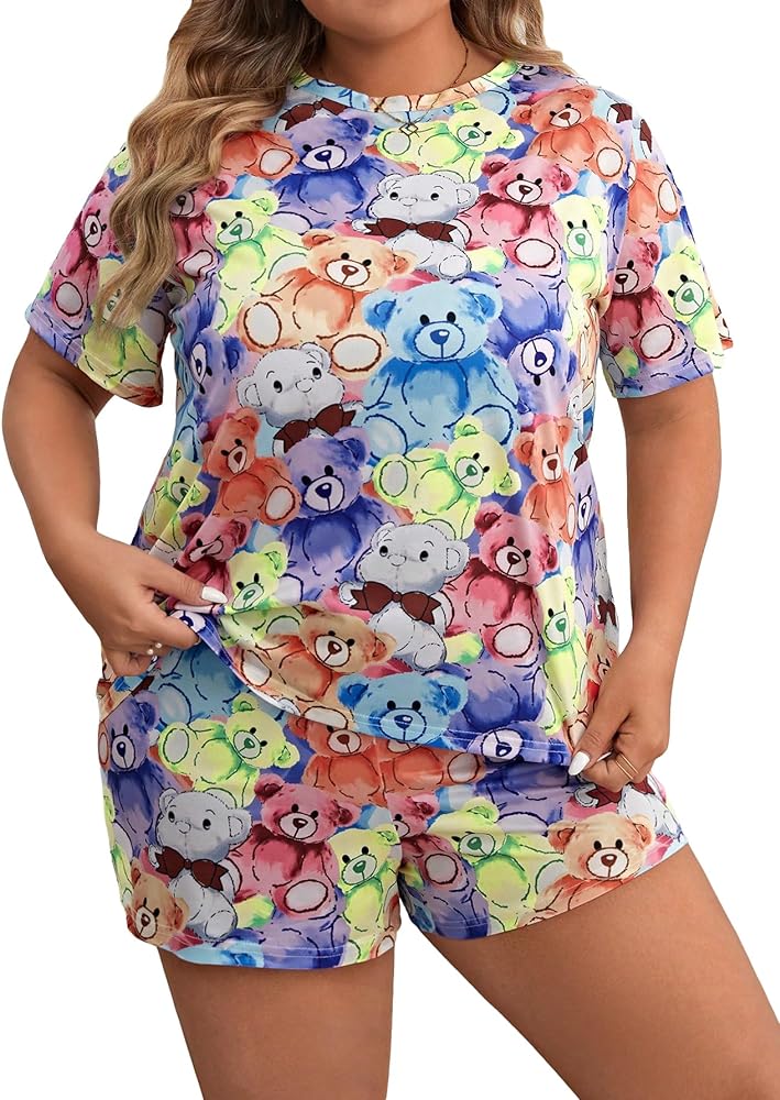 WDIRARA Women's Plus Size 2 Piece Pajama Set Cartoon Print Round Neck Short Sleeve Tee with Shorts