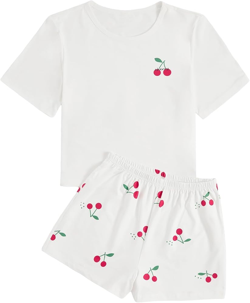 SOLY HUX Women's Cute Cartoon Print Sleepwear Short Sleeve Tee with Shorts Pajama Set White Cherry Small