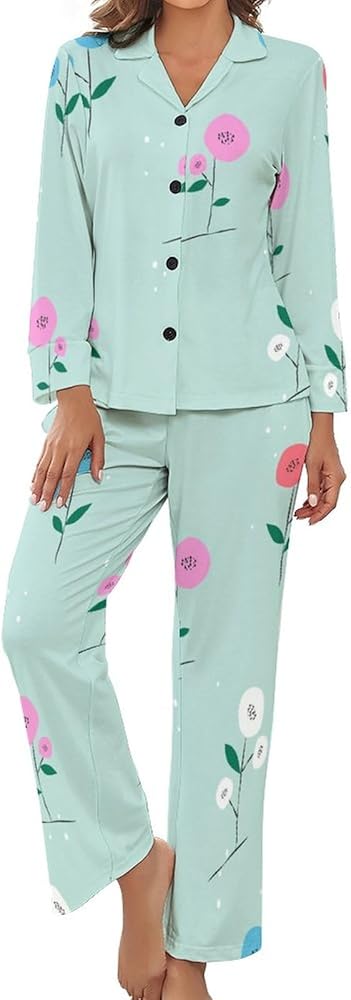 Womens Flowers Pajama Sets Soft Button Down Sleepwear Long Sleeve V-neck Pjs Set Lounge Set