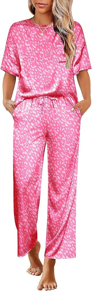 Ekouaer Womens Silk Pajamas Set Print Satin PJs Set Two Piece Pj Sets Sleepwear Loungewear Short Sleeve Lounge Set