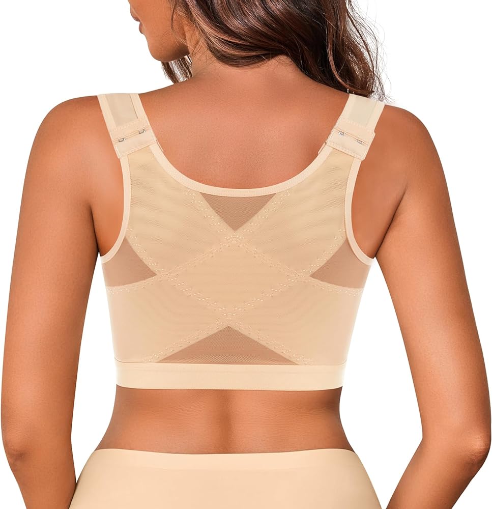 Front Closure Posture Corrector Wireless Bra Back Support Comfy Unlined Bras Full Coverage Bra with Nipple Covers