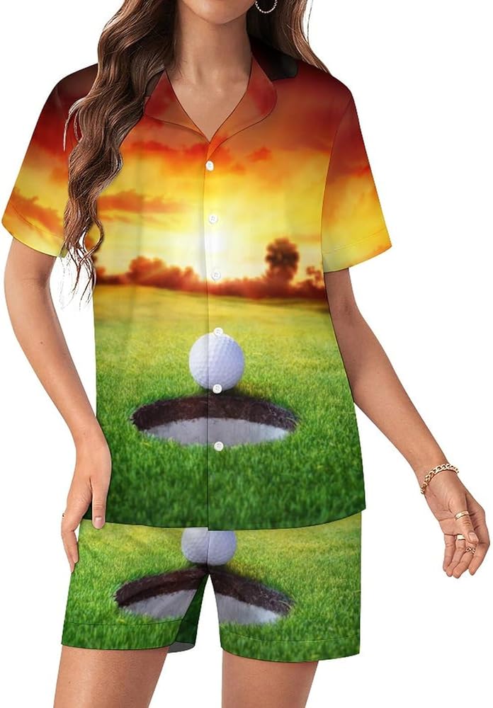 Sunset Ball In Hole - Golfing Womens Silk Satin Pajamas Set Short Sleeve Button-Down Sleepwear Loungewear Pj Set