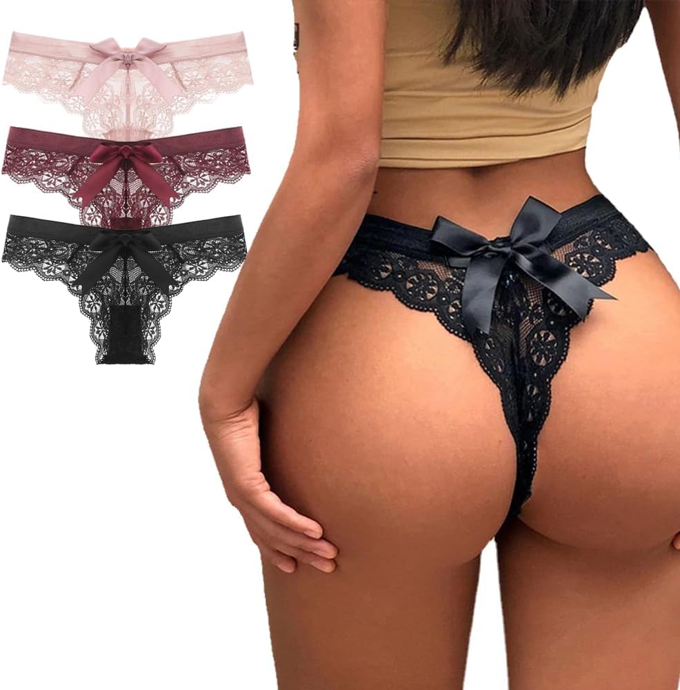 Women Lace Bow Thongs,T Back Low Waist Panties Sexy V-Shape Design Floral Lace, Breathable Panties Undies for Women 3-Pack