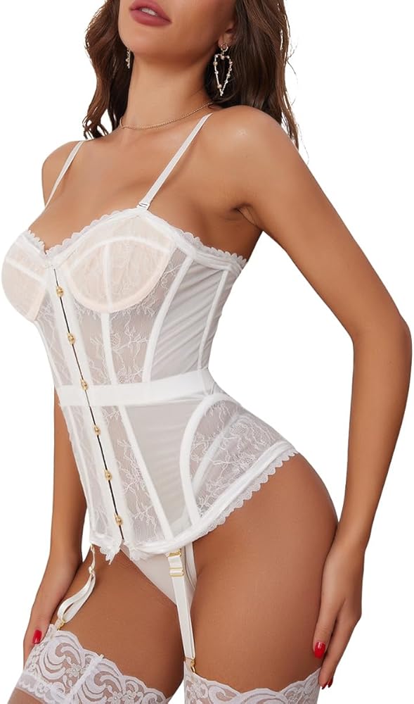 TOPMELON Corset Lingerie for Women Tummy Contro Corset Lingerie Bodysuit with Garter Belt Panty Lingerie Corset Set