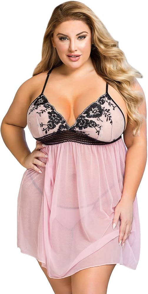 ohyeah Women Plus Size Babydoll Lingerie V-Neck Pink Lingerie Set Strap Chemise See Through Nightgowns Naughty Lingerie