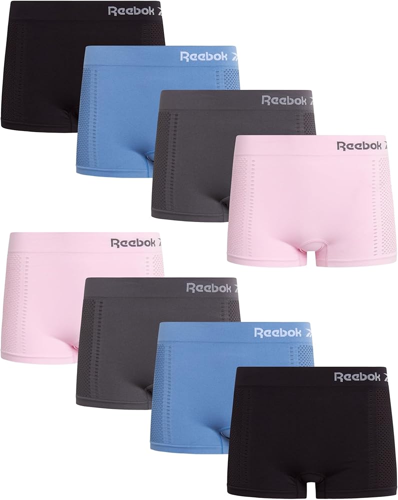 Reebok Women's Boy Shorts Underwear - 8 Pack Ribbed and Cut Out Boyshorts Panties - Seamless Underwear for Women (S-XL)