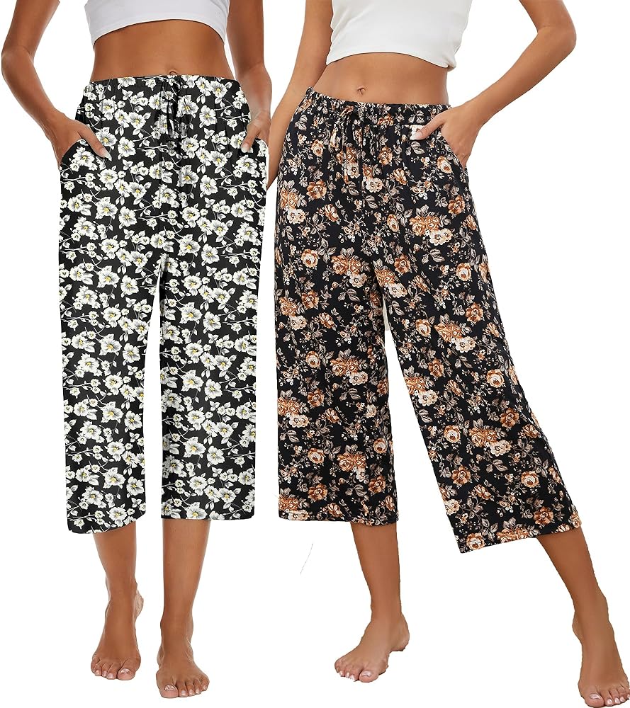 2 Pack Womens Pajama Pants Capri Sleep Lounge Pants Drawstring Pj Bottoms with Pockets