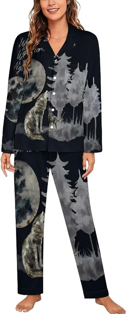 Wolf Howls Full Moon Women's Pajama Sets Long Sleeve Sleepwear Pj Set Soft Loungewear XL