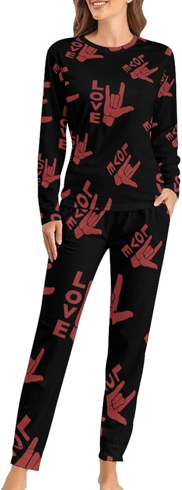 ASL I Love You Sign Language Women's Pajama Set Soft Sleepwear Long Sleeve Lounge Set Loungewear Pjs with Pocket